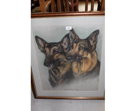 Marjorie Cox, pastel portrait of two German shepherd dogs, ' Bruno and Nikki ', signed and dated 1989, 22ins x 19ins, framed 