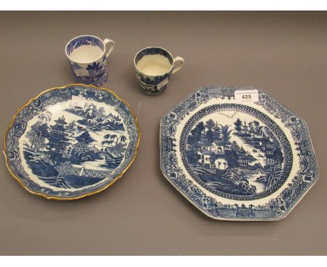 Salopian octagonal blue and white transfer printed plate decorated with pagodas in a landscape, 8.75ins diameter, a similar s