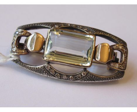 Art Deco rectangular aquamarine and diamond set two colour brooch, 11.2g, 14mm x 20mm 