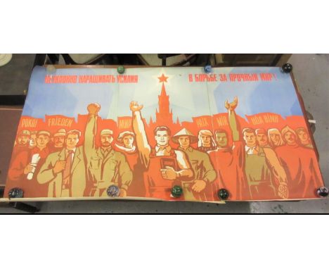 Russian 1977 triptych propaganda poster, 40ins x 78ins 