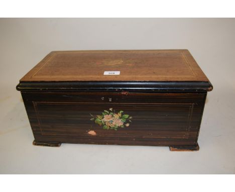 Small 19th Century Swiss rosewood and inlaid musical box, the 6in cylinder with three bells playing eight airs (movement at f