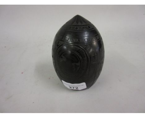 19th Century coconut cup carved with portrait, bird etc., 4.5ins high 