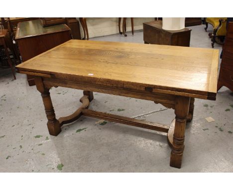 Good quality reproduction oak dining room suite comprising:  set of six (four plus two) high panel back dining chairs and a r