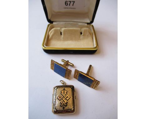 Pair of 14ct yellow gold cufflinks set lapis lazuli, together with a rectangular black enamel decorated yellow metal pendant 
