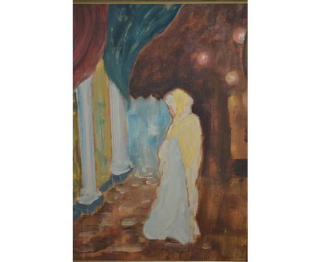 Oil on panel, study of a young lady in an exotic interior, gilt framed, 12.5ins x 9ins 