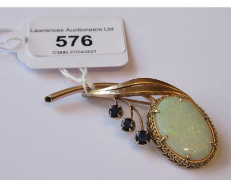1960's Gold floral spray brooch set large oval opal and three sapphires, 11g, 64mm wide, the opal 24mm x 16mm 