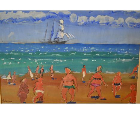 Gouache and ink drawing, beach scene with bathers, signed Lotiron, inscribed verso ' La Plage de Parame ', unframed, 11.5ins 