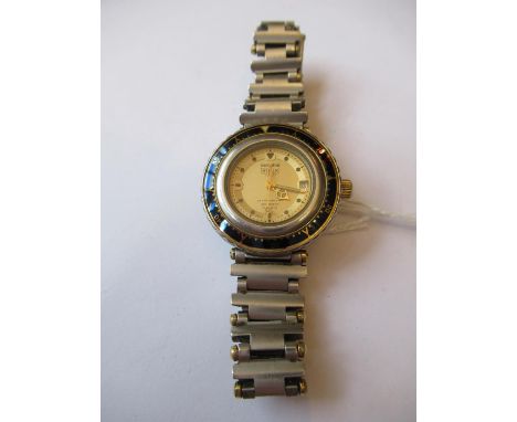 Heuer, ladies stainless steel quartz wristwatch with black enamel bezel and a bracelet strap 