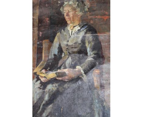 Unstretched oil on canvas, portrait of a lady, bearing various exhibition details verso 