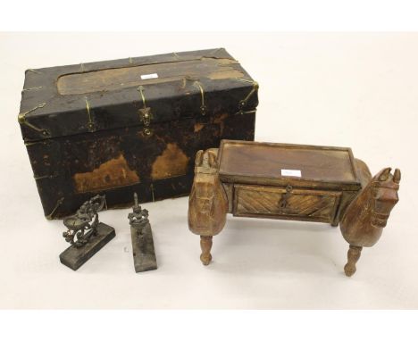 Small oriental leather and brass mounted trunk, 20ins wide, a small single drawer casket with horse motif supports, 14ins wid
