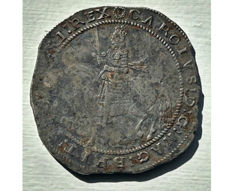 Charles I (1625-49), Crown, Truro 1642-3, (S. 3045), mm. Rose, King on horseback, head in profile, sash flies out in two ends