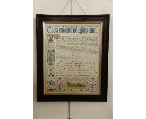 An illuminated manuscript presentation from the Cockermouth Liberal Institute in recognition of long service, of Arts and Cra
