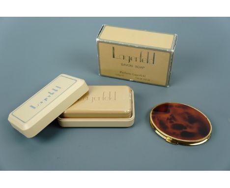 A vintage boxed Karl Lagerfeld bath soap, 150g, and a vintage faux tortoiseshell compact