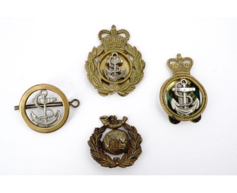 A Royal Marine Light Infantry cap badge together with Royal Navy Petty Officers' badges