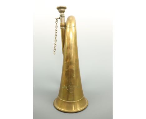 A British military brass bugle by Mayers &amp; Harrison of Manchester, Governemnt broad arrow marked and dated 1962