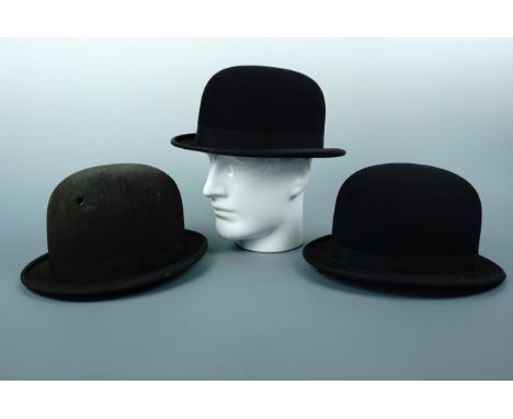 Three vintage riding bowler hats for a lady retailed by "Mrs White, Hatter and Cap Maker, St James, London", (one a/f) (sold 