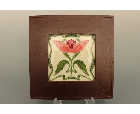 A Victorian Art Nouveau tile attributed to Henry Richards, in a wooden frame, 27 x 27 cm