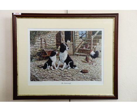 Michael Kitchen-Hurle (20th Century) 'The Understady', farmyard scene depicting two Border Collie dogs, chickens and birds, B