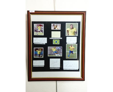 A framed display of Brazilian Footballers' autographs including Pele, Robinho, Ribeira, Ronaldo de Assis Moreira, Roberto Car