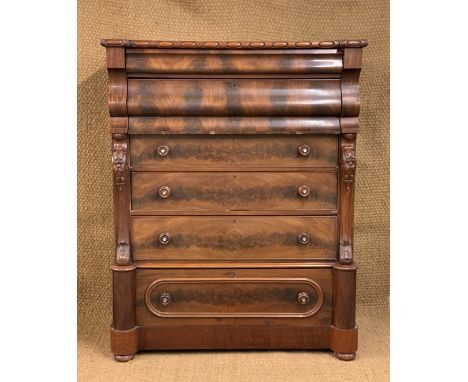 A Victorian flame-figured mahogany Scotch chest, 127 cm x 57 cm x 160 cm