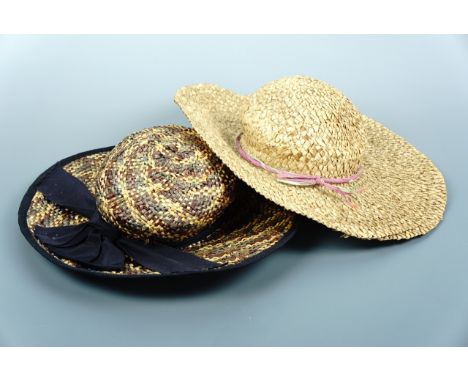 A lady's vintage straw sun hat, with pink and green rattan decoration, and a blue ribbon tie, 41 cm, and one other dress tri-