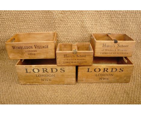 A number of decorated branded wooden crates comprising two "Lords - London", largest 48 × 35 × 19 cm, a "Wimbledon Village", 