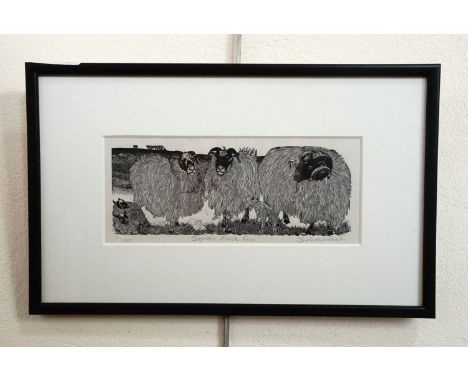 (20th Century) "Scottish Black Face", character study of three black-faced sheep and their lambs, limited edition etching, in