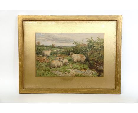 After George Shalders (1826-1873) Idyllic countryside view with four sheep held in a rustic flower-hewn pen, print, signed an