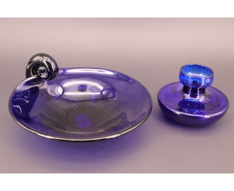 A 20th Century cobalt blue / Bristol blue glass dish, and one further tea light holder or hyacinth bulb vase, former 21 cm di