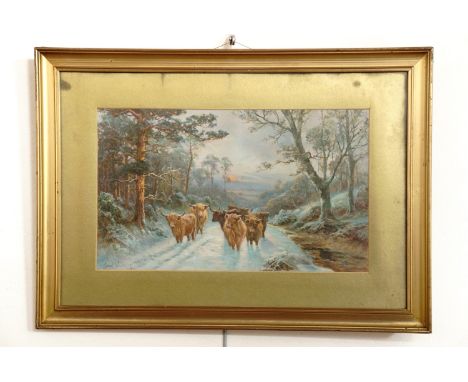 After Ernest Welbourn (1872-1927) Atmospheric study of Highland cattle standing on a snowy woodland road, print, framed and m