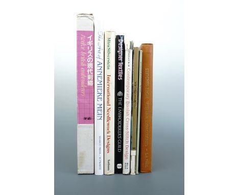 Books on the subject of designer and international embroidery art, including "Designer Textiles, Stitching for Interiors" and