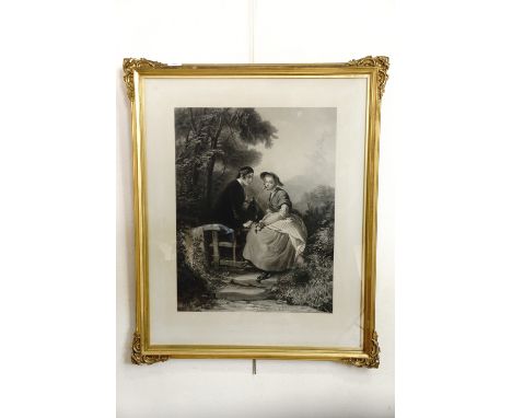 (19th Century) 'The Old Stile', tender scene depicting a young lady and gentleman meeting by a wooden stile, etching, publish
