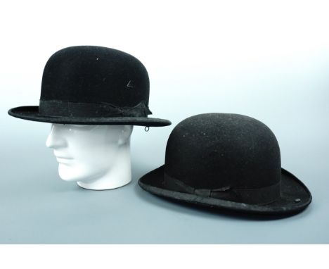 Two vintage riding bowler hats retailed by Leonard's of London, 16.5 x 20 cm, (sold as collectors' items, not suitable for us