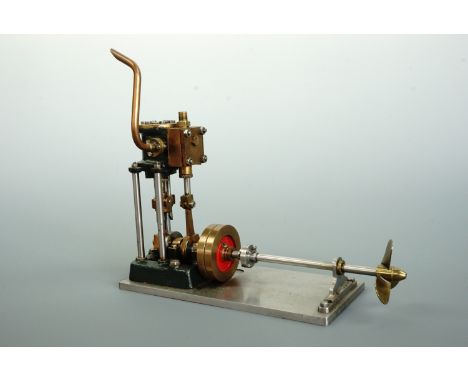 A Reeves single cylinder double-action open column live steam launch engine and propeller, 19 cm x 12 cm