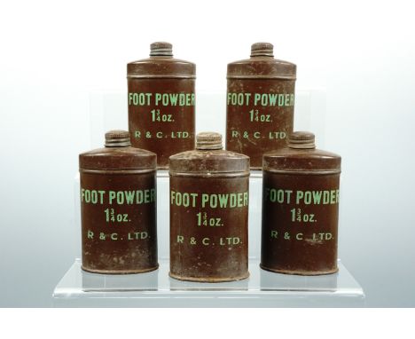 Five tins of Second World War British army issue foot powder, 10 cm