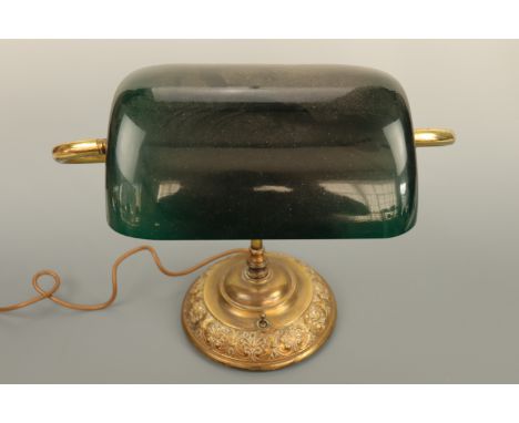 An early 20th Century brass desk lamp with glass shade. (Requires re-wiring)