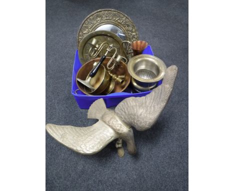A box of brass and copper, twin handled pan, wall mirror, plaque, large brass figure - Farmer with bull, eagle  etc 