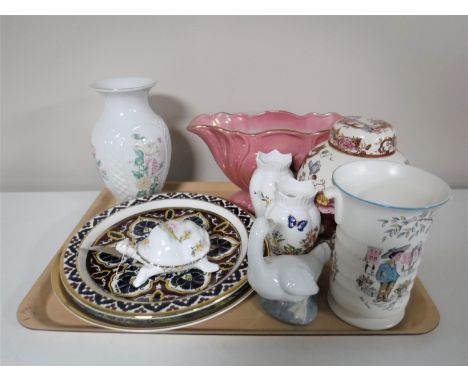 A tray of Aynsley vases, Maling lustre vase, Nao figure, Masons Mandalay ginger jar, wall plates etc 