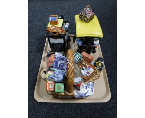 A tray of three Ringtons novelty teapots, one with sugar basin