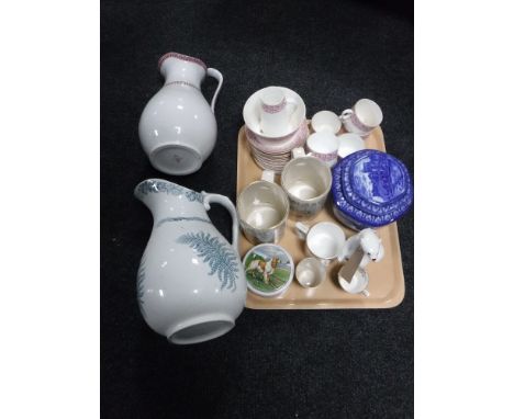 A tray containing an antique china tea service, Ringtons caddy, Goss beaker, two wash jugs etc