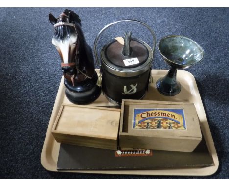 A tray of horse ornament, vintage horse ice cube bar top, Chad Valley chess board and pieces etc