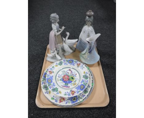 A tray of two Nao figures, one other Spanish figure, Franz china vase, Maling pink lustre wall plaque together with Masons pl