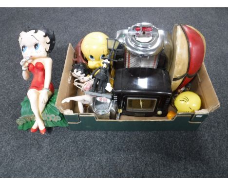 A box of vintage style radios, Betty Boop figures, hot air balloon ornament etc 