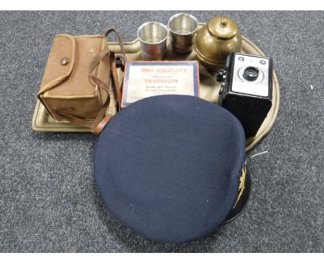 A tray of Navy hat, brass tray, British Empire exhibition caddy, cameras etc 