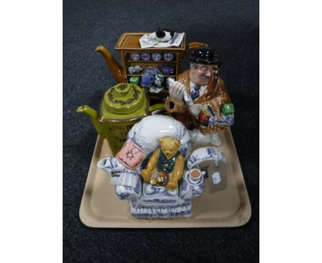 A tray of four Ringtons novelty teapots, one with sugar basin