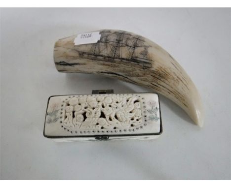 A carved bone trinket box together with a contemporary scrimshaw style carving