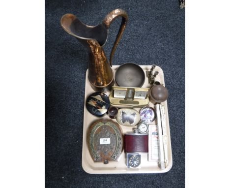 A tray containing an oak horseshoe card box, hip flask, pocket compass, hand fans, brass desk clock etc