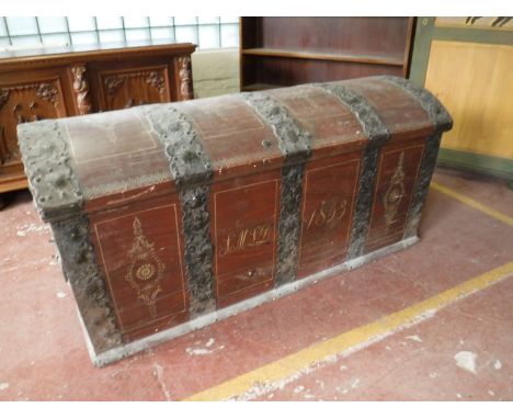 A 19th century metal bound shipping trunk with hand painted decoration  