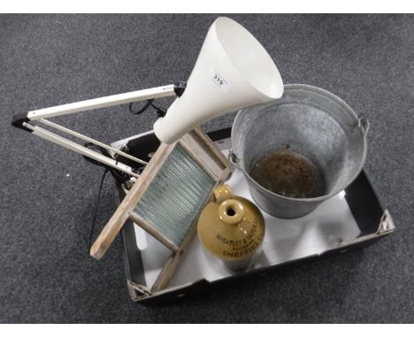Vintage angle poise lamp together with a tin bucket and advertising flagon - Wheatley and Bates Sheffield 