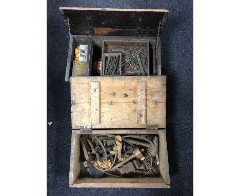 Two antique pine tool boxes containing hand tools 